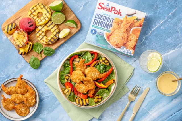 Coconut Shrimp & Grilled Fruit Spinach Salad