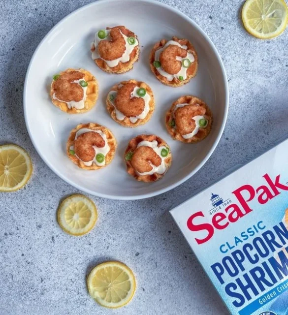 Popcorn Shrimp and Waffles Appetizer Bites